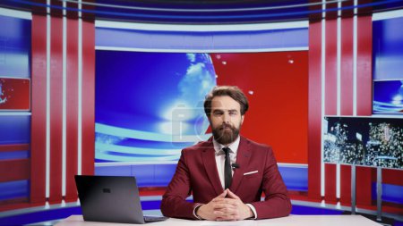 Journalist broadcasting politics news on tv program, presenting updates and commentaries on international television. Young tv broadcaster talking about world informations and scandals.