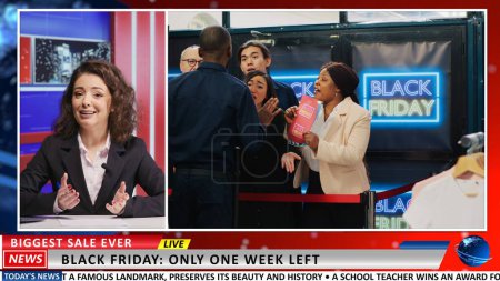 Photo for Journalist shows black friday footage to discuss about shopping madness and crisis, presenting half price deals. Woman presenter covering breaking news events on international tv. - Royalty Free Image
