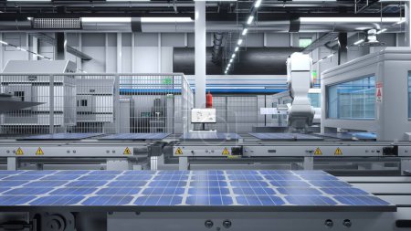 Foto de Empresa que produce paneles solares en fábrica con brazos robóticos colocando módulos fotovoltaicos en cintas transportadoras, renderizado 3D. Instalaciones de producción de células solares para la industria de energías renovables - Imagen libre de derechos