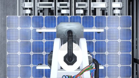 Foto de POV disparo de brazo robot industrial colocación de panel solar en la línea de montaje en la fábrica de energía renovable, ilustración 3D. Unidad de maquinaria pesada que coloca la célula solar en las cintas transportadoras, tiro de cerca - Imagen libre de derechos