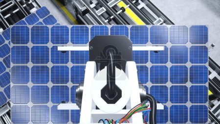 Téléchargez les photos : POV de bras robotisés déplaçant des panneaux solaires sur des bandes transporteuses pendant le processus de production de haute technologie dans l'usine de technologie verte, illustration 3D. Unité d'engrenage lourd plaçant des cellules PV sur les chaînes de montage - en image libre de droit