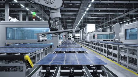 Foto de Fábrica de paneles solares con brazos robóticos que coloca módulos fotovoltaicos en líneas de automatización, ilustración 3D del interior del edificio industrial. Almacén de producción masiva que produce células solares para la industria de energía verde - Imagen libre de derechos