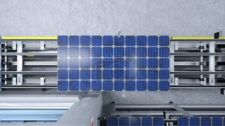 Top down view of solar panels on conveyor belts during high tech production process in clean energy factory, 3D illustration. Aerial shot of photovoltaic cell on assembly line