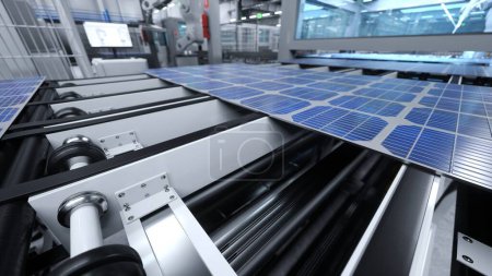 Foto de Maquinaria en paneles solares de vanguardia manejando módulos fotovoltaicos en grandes líneas de montaje. Primer plano de la compañía sostenible fabricó células solares en las instalaciones, ilustración 3D - Imagen libre de derechos