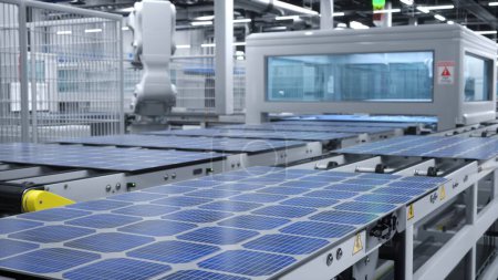 Photo for Solar panel factory with industrial robot arms placing PV modules on conveyor belts, 3D illustration of industrial building interior. Mass production warehouse producing renewable energy solar cells - Royalty Free Image