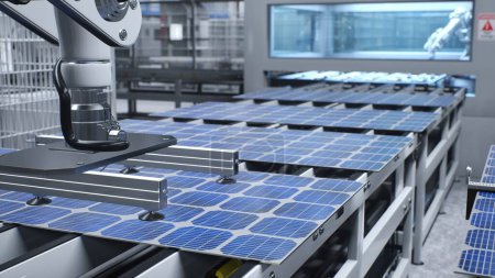 Focus on solar panels on conveyor belts with robotic arms operating in industrial factory, 3D illustration. PV cells being moved around facility using production lines, close up shot