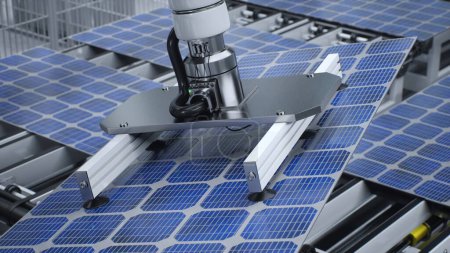 Foto de Panel solar colocado en la cinta transportadora, operado por brazo robot, moviéndose alrededor de las instalaciones, ilustración 3D. Primer plano de la célula fotovoltaica producida en el almacén de fabricación de tecnología verde - Imagen libre de derechos