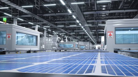 Foto de Almacén de paneles solares industrializados con brazos robóticos que colocan módulos fotovoltaicos en líneas de montaje, renderizado 3D. Fábrica de células fotovoltaicas para la industria energética - Imagen libre de derechos