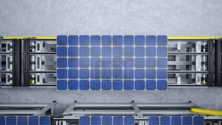 Foto de Vista de arriba hacia abajo de los paneles solares en la línea de montaje operada por brazos robot de alta tecnología en la fábrica sostenible moderna. Toma aérea de fotovoltaica producida en instalaciones automatizadas modernas - Imagen libre de derechos
