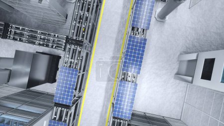 Foto de Vista de arriba hacia abajo de los paneles solares en las bandas transportadoras operadas por brazos robóticos de alta tecnología en la moderna fábrica sostenible. Aerial shot of PV cells in industrial automated facility, 3D rendering - Imagen libre de derechos