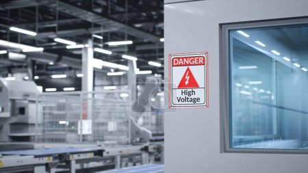 Photo for High voltage danger sign on interior wall next to safety glass in factory used to produce solar panels. Safety measures stickers in warehouse manufacturing photovoltaics, 3D illustration - Royalty Free Image