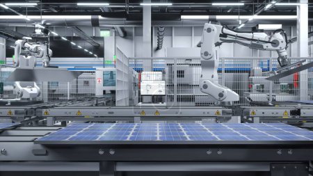 Foto de Almacén de paneles solares industriales con brazos robot colocando módulos fotovoltaicos en líneas de montaje, ilustración 3D. Instalaciones de fabricación de modelos fotovoltaicos para la industria energética - Imagen libre de derechos