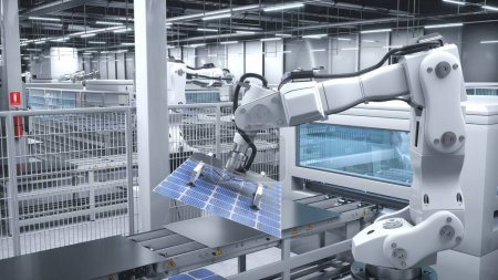 Foto de Brazo robot autónomo en la fábrica de paneles solares de vanguardia maniobrando módulos fotovoltaicos. Células fotovoltaicas producidas en instalaciones ecológicas con líneas de montaje, animación de renderizado 3D - Imagen libre de derechos