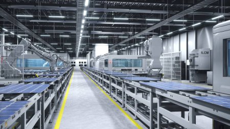 Foto de Brazos robóticos industriales colocando paneles solares en una gran línea de producción en una moderna fábrica limpia. Fotovoltaica montada en cintas transportadoras dentro del almacén de fabricación, renderizado 3D - Imagen libre de derechos