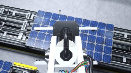 Foto de POV disparo de brazo robot industrial colocación de panel solar en la línea de montaje en la fábrica de energía renovable, renderizado 3D. Unidad de maquinaria pesada que coloca la célula solar en las bandas transportadoras - Imagen libre de derechos