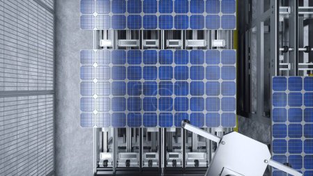 Foto de POV de brazos robóticos moviendo paneles solares en cintas transportadoras durante el proceso de producción de alta tecnología en la fábrica de energía limpia, renderizado 3D. Unidad de maquinaria que coloca células fotovoltaicas en líneas de montaje - Imagen libre de derechos