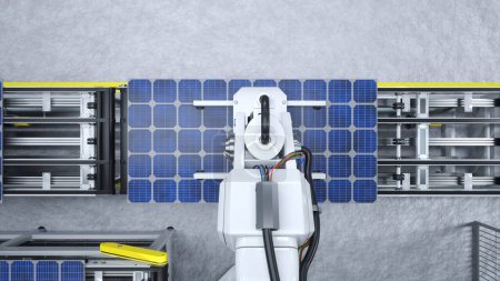 Foto de POV of robotic arms moving solar panels on conveyor belts during high tech production process in clean energy factory, 3D illustration. Unidad de maquinaria pesada que coloca células fotovoltaicas en líneas de montaje - Imagen libre de derechos