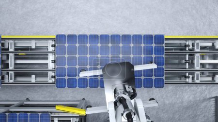 Foto de Vista panorámica del brazo robot de alta tecnología que coloca el panel solar en la línea de montaje en la fábrica basada en energía renovable, ilustración 3D. Equipo pesado que coloca la célula fotovoltaica en las cintas transportadoras, tiro de arriba abajo - Imagen libre de derechos