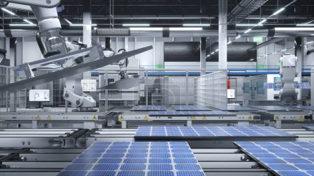 Solar panels moved on conveyor belts during production process in clean energy factory, 3D illustration. Photovoltaic cells used to produce alternative electricity being placed on assembly lines