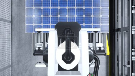 POV of robotic arms moving solar panels on conveyor belts during high tech production process in green energy factory, 3D illustration. Heavy equipment unit placing PV cells on assembly lines