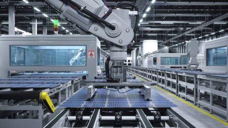 Foto de Almacén de paneles solares industrializados con brazos robóticos que colocan módulos fotovoltaicos en líneas de montaje automáticas, renderizado 3D. Fábrica de células fotovoltaicas para la industria de tecnología verde - Imagen libre de derechos