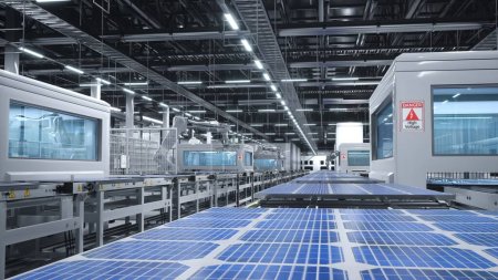 Solar panels being moved on conveyor belts during high tech production process in green technology factory, 3D render. PV cells used to produce eco friendly electricity being placed on assembly lines
