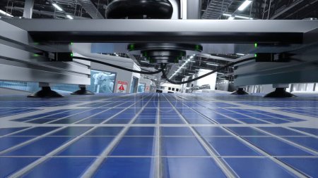 Focus on solar panels on conveyor belts with robotic arms operating in blurry background in factory, 3D animation. Photovoltaic cells being moved around facility using assembly lines, close up
