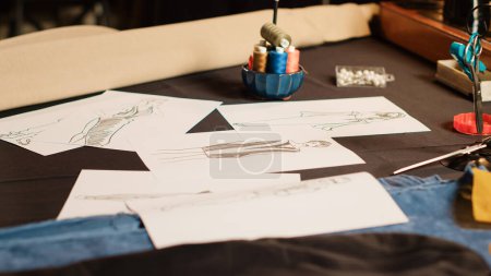 Photo for Empty atelier with clothes sketches on papers, modern clothing line and tailoring equipment. Industrial tools and sewing machine used in textile industry. Small business sewing shop. Close up. - Royalty Free Image