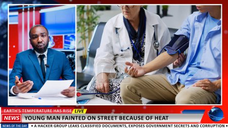 Photo for News story on high summer temperatures, african american presenter reporting tv newscast about young man affected by heat. Teenager suffering heatstroke, weather discomfort warning. - Royalty Free Image