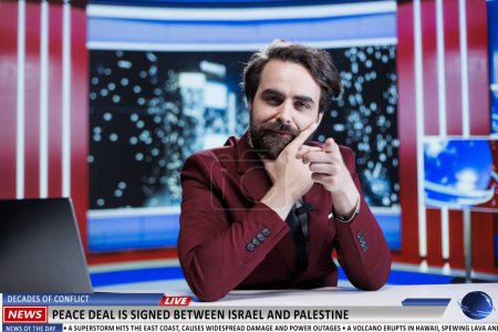 Breaking news about decades long war, newscaster affirming peace treaty signed between israel and palestine. Countries fighting for years and settling for harmony, live reportage.