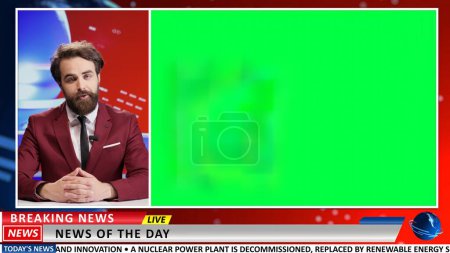 Newscaster presents news on greenscreen in live tv studio, covering daily events and talking about global information with blank copyspace. Media journalist using isolated mockup.