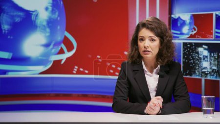 News anchor talks about global events, presenting new information and updates on international television program. Professional journalist show host starting live tv transmission.