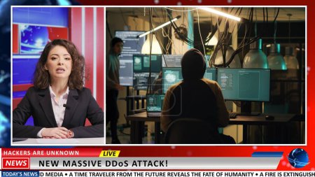 Journalist shares hackers attack event, warning citizens to have strong passwords and avoid stealing information. Woman broadcaster presenting cyber security crime with footage, breaking news.