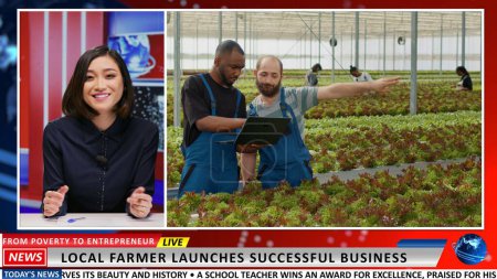 Photo for Woman presenter doing news reportage on agriculture business, presenting local farmer working in own greenhouse to make natural organic produce. Journalist broadcast world news. - Royalty Free Image