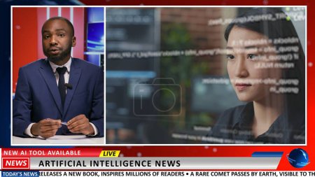 Media host presenting artificial intelligence news on live television program, covering reportage on modern technology industry. Man journalist addresses AI development events.