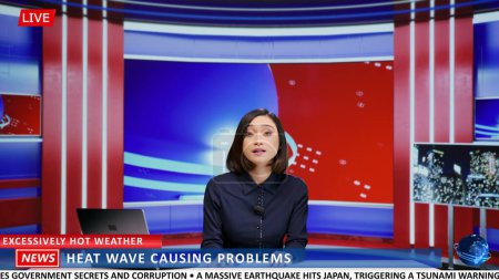 Asian presenter discuss about heat wave dangers and weather issues worldwide, presenting news on television. Journalist addressing concerns for hot summer temperatures, tv content.