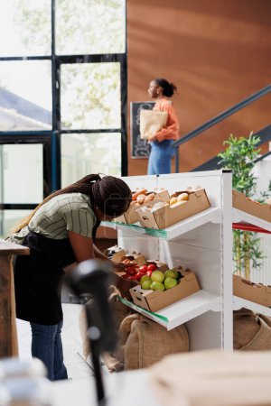 Sur le marché des aliments biologiques, une vendeuse portant un tablier organise des fruits et légumes cultivés sur des étagères. Dans une épicerie respectueuse de l'environnement, le vendeur afro-américain inspecte les produits biologiques frais.