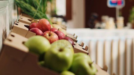 Photo for Close up panning shot of natural fruits and vegetables on farmers market shelves. Freshly harvested additives free food items in environmentally responsible zero waste supermarket - Royalty Free Image