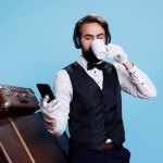 Hotel porter drinks coffee and texting, reading messages on smartphone and listening to music on headphones. Doorkeeper bellboy with headset enjoying drink and browsing webpages.