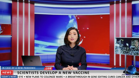 Reporter presents news about healthcare, introducing new vaccine formula alternative to help global population. Woman working as newscaster addressing latest world updates live.