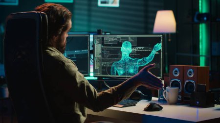 Man inserting classified disk into PC containing sentient AI waving hand, greeting creator. Scientist placing confidential cartridge in computer, awakening self aware artificial intelligence, camera A