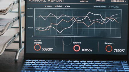 Business forecasting graphs and numbers on laptop monitor showing upward profit trend concept. Economic annual revenue statistics report on notebook screen in marketing department office, close up