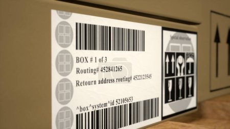 Tags on packages in warehouse center with express delivery identification labels and shipment information. Products ready for distribution in retail marketplace. Close up. 3D render animation.
