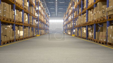 Logistikanlage, die Produkte aufbewahrt, die auf Verteilung und Versand warten, Lagerregale, die mit Waren in Containern gefüllt sind. Lagerhaus zur Überwachung der Handelsverfahren. 3D Animationsrenderer.
