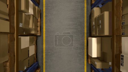 Massives Lagerzentrum zur Lagerung von Großhandelskartons mit Auftragsetiketten, Einzelhandelsprodukten auf Metallregalen. Warenlager, das Sendungen mit einem Exportsystem für Warenimporte verwaltet. 3D-Animation zum Rendern.