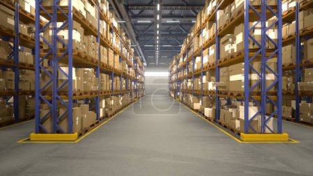 Photo for Processing storehouse stocks boxes with order receipts and details, serves as administrative center for commerce industry. Products have billing statement tracking numbers. Renders for 3D animation. - Royalty Free Image