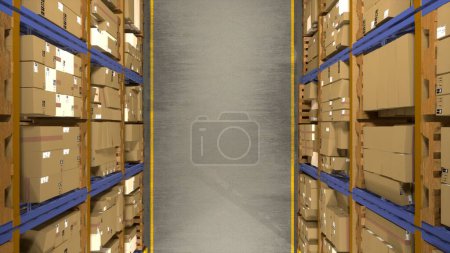 Photo for Supply chain goods with delivery order information and barcodes, items stored in depot while being in transit. Storehouse managing distribution system for retail industry. 3d render animation. - Royalty Free Image