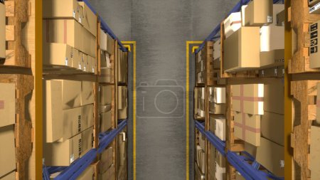 Photo for Industrial warehouse stacking packages with order invoices ready for express delivery, administrative center for commerce sector. Depot with boxes tagged with tracking numbers. 3D render animation. - Royalty Free Image
