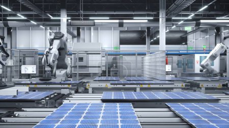 Foto de Brazos robóticos industriales colocando paneles solares en una gran línea de producción en la moderna fábrica de tecnología verde. Fotovoltaica montada en cintas transportadoras dentro de la instalación con protocolo de seguridad - Imagen libre de derechos