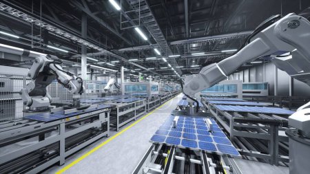 Photo for Solar panel factory with industrial robot arms placing PV modules on automation lines industrial building interior. Mass production warehouse producing sustainable solar cells - Royalty Free Image